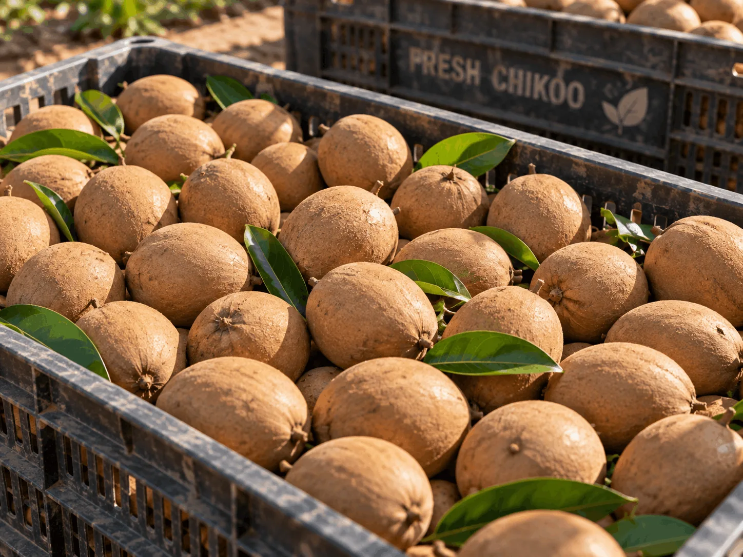 Fresh chikoo packed in trays