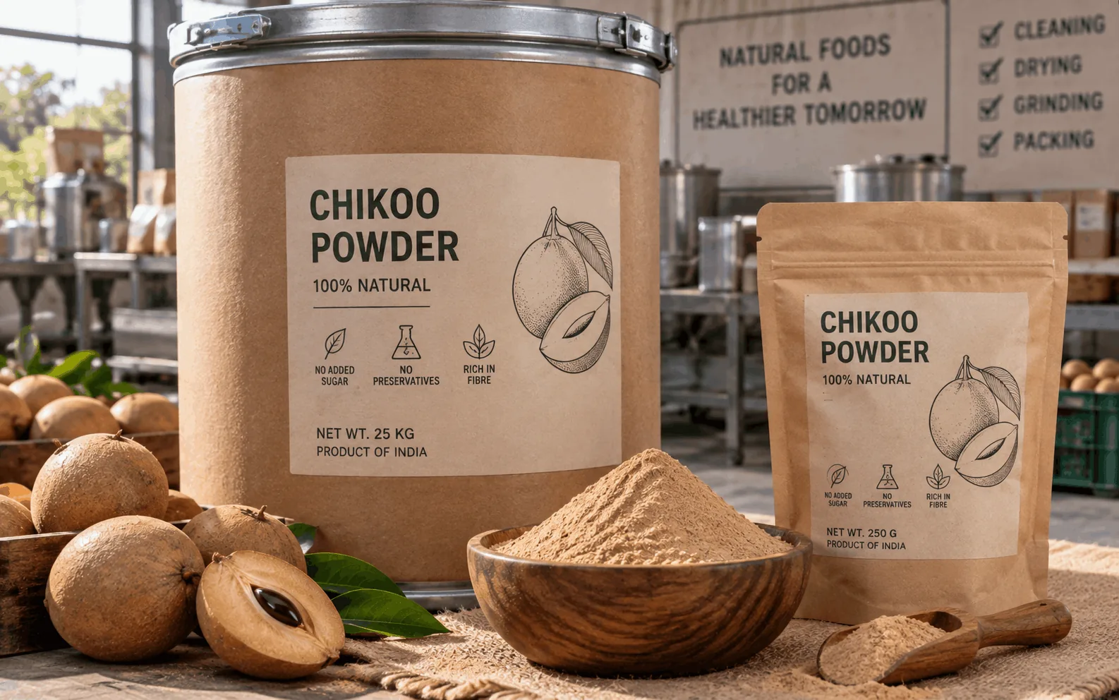 Chikoo powder in bulk drum and retail pouch