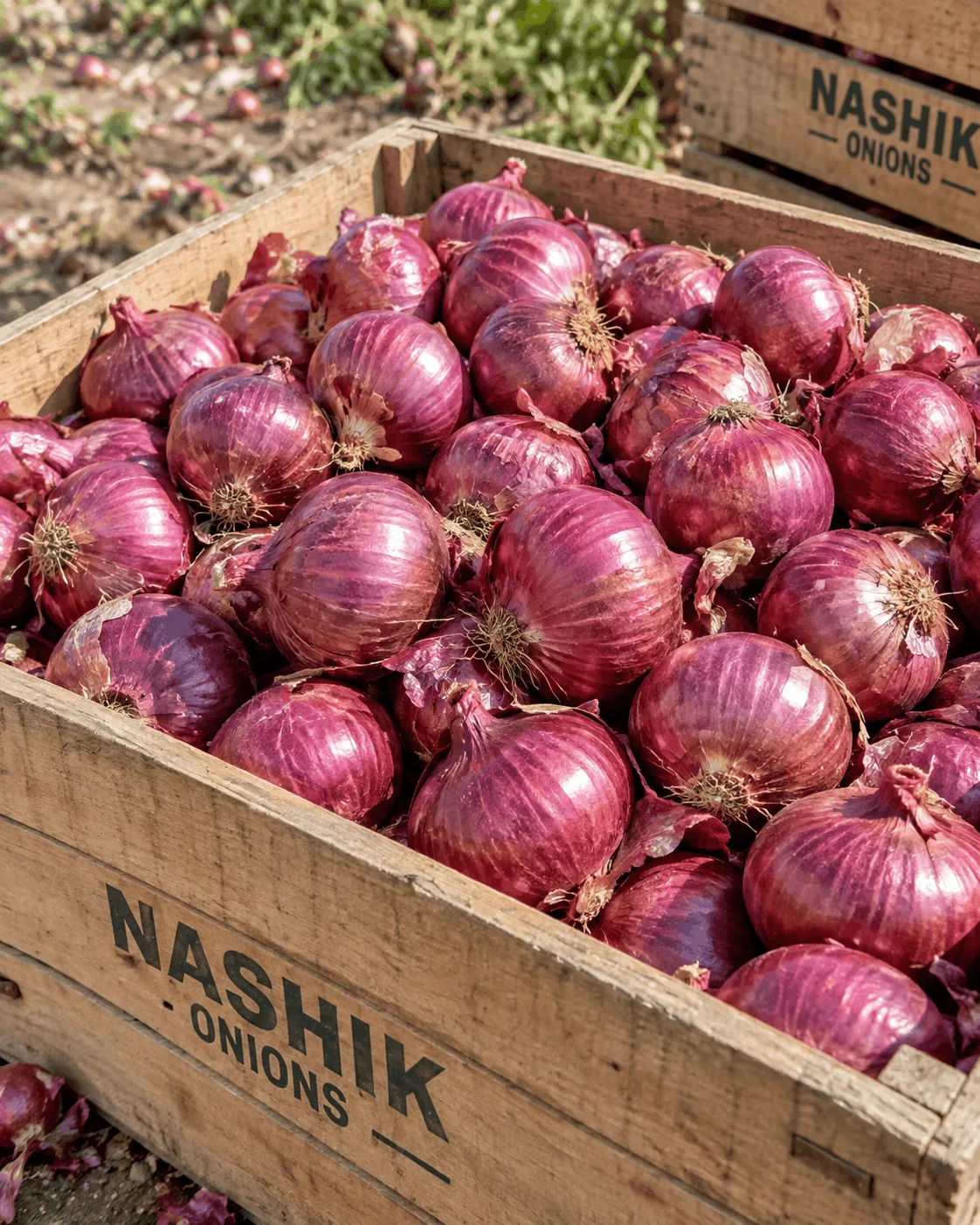 Crated Nashik red onions in daylight