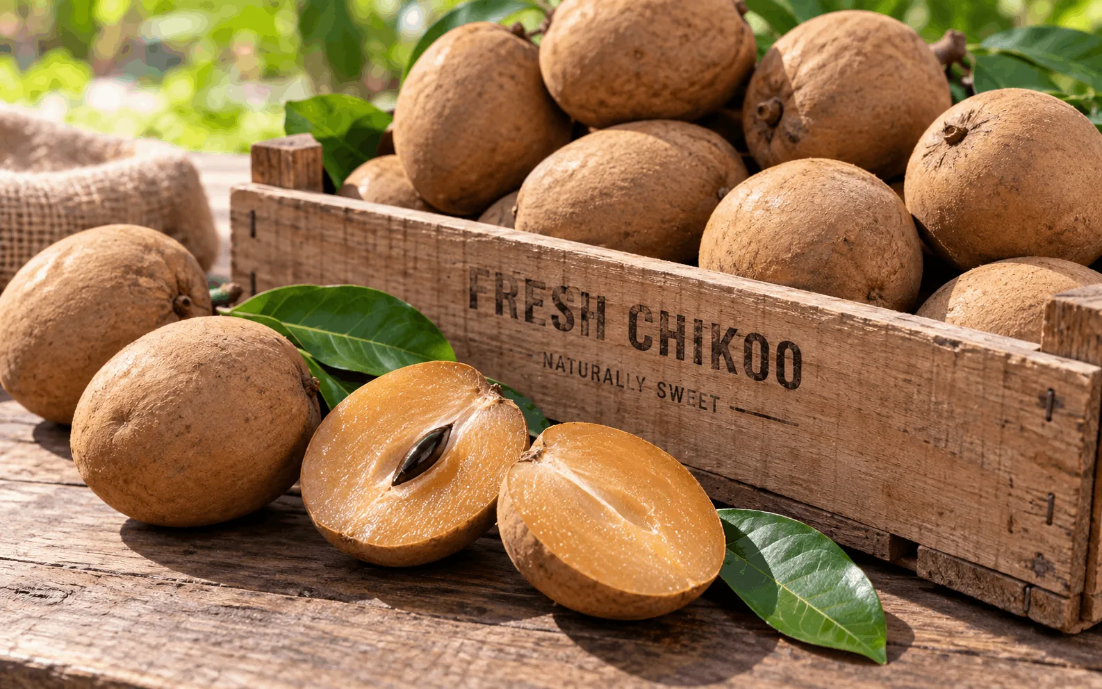 Fresh chikoo in crates