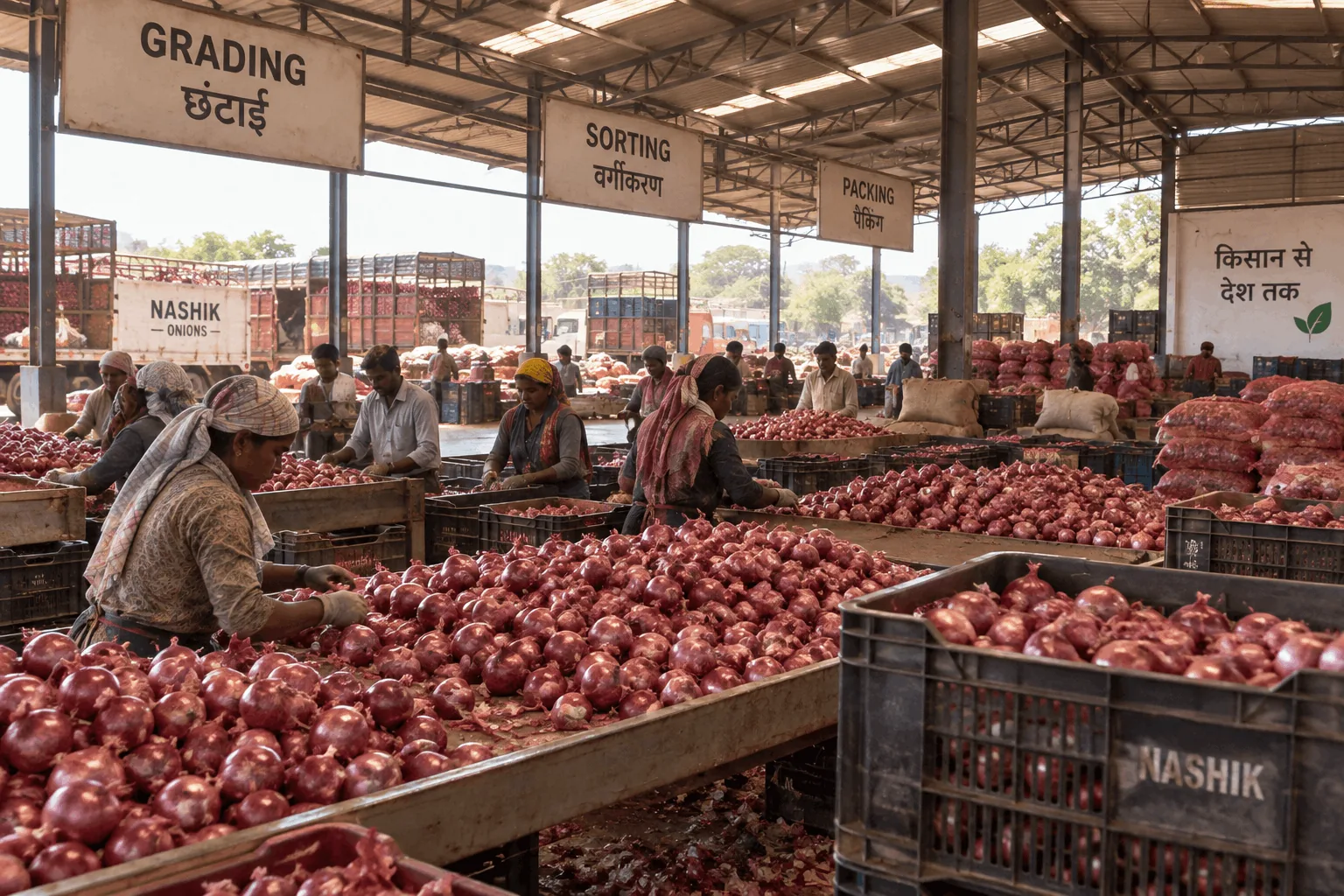 Grading and sorting floor at the Nashik onion mandi